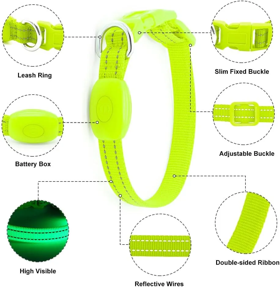 Light Up Dog Collar for Small Dogs - Rechargeable Puppy Collars Glow in The Dark LED Dog Collar Lights for Night WalkingX-Small, Green
