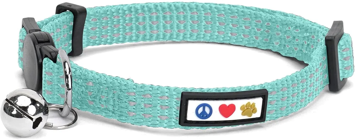 Pawtitas Reflective Cat Collar with Safety Buckle and Removable Bell Cat Collar Kitten Collar Teal Cat Collar