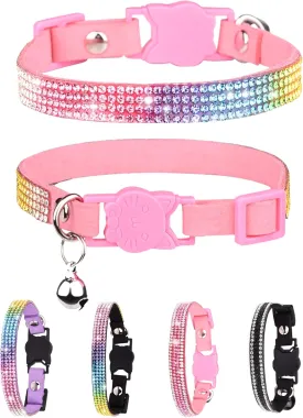 Petank Pink Suede Breakaway Cat Collar with Sparkling Rhinestones & Bell - Soft Adjustable Safe Release Kitten Collar for Small Medium Cats (7.5-12.5 Inches