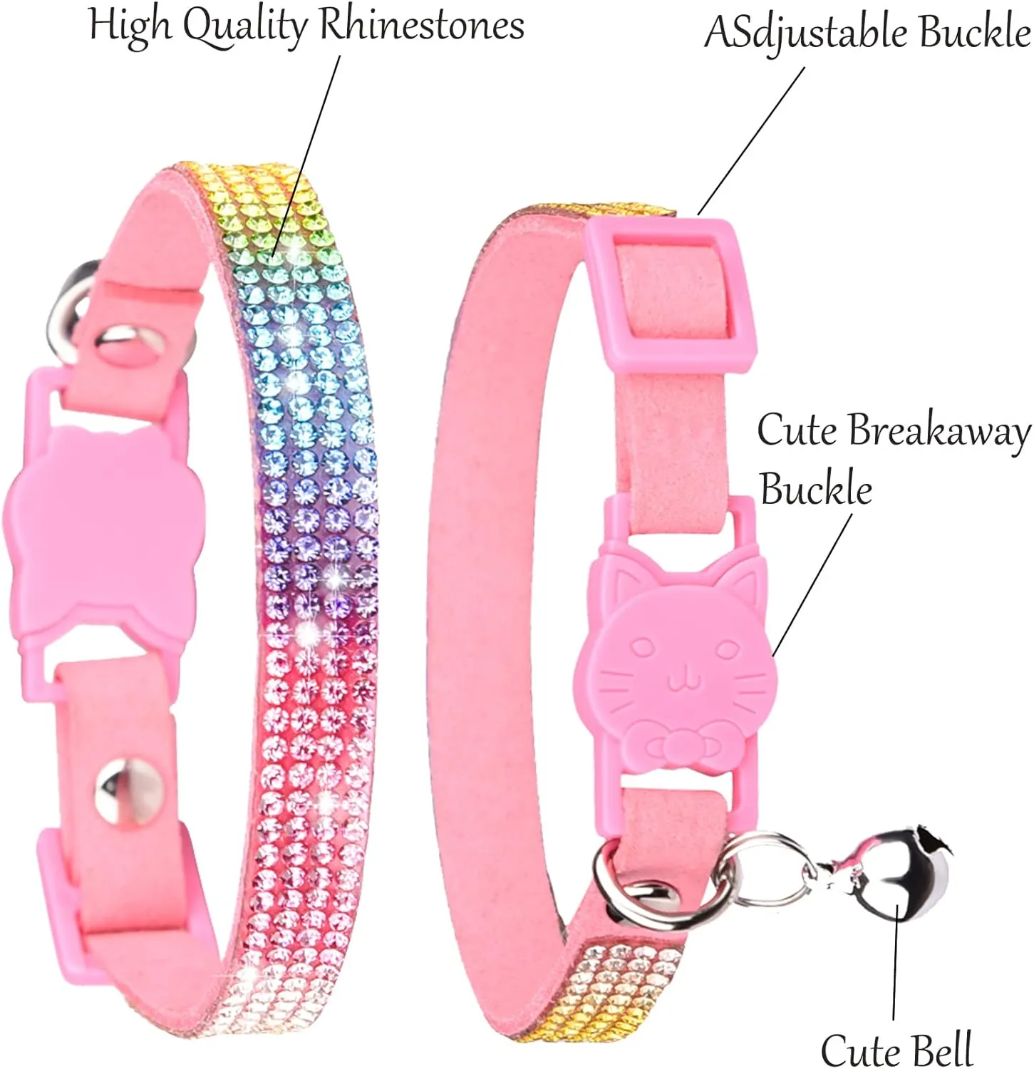 Petank Pink Suede Breakaway Cat Collar with Sparkling Rhinestones & Bell - Soft Adjustable Safe Release Kitten Collar for Small Medium Cats (7.5-12.5 Inches