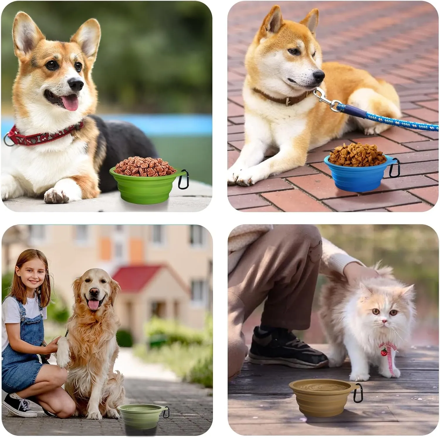 PetBonus 2-Pack Large Silicone Collapsible Dog Bowls, 34oz/1000ml BPA Free Portable Foldable Travel Bowl for Pet Cat, Food Water Feeding Dish for Camping with 2 Carabiners (Turquoise, Tan)