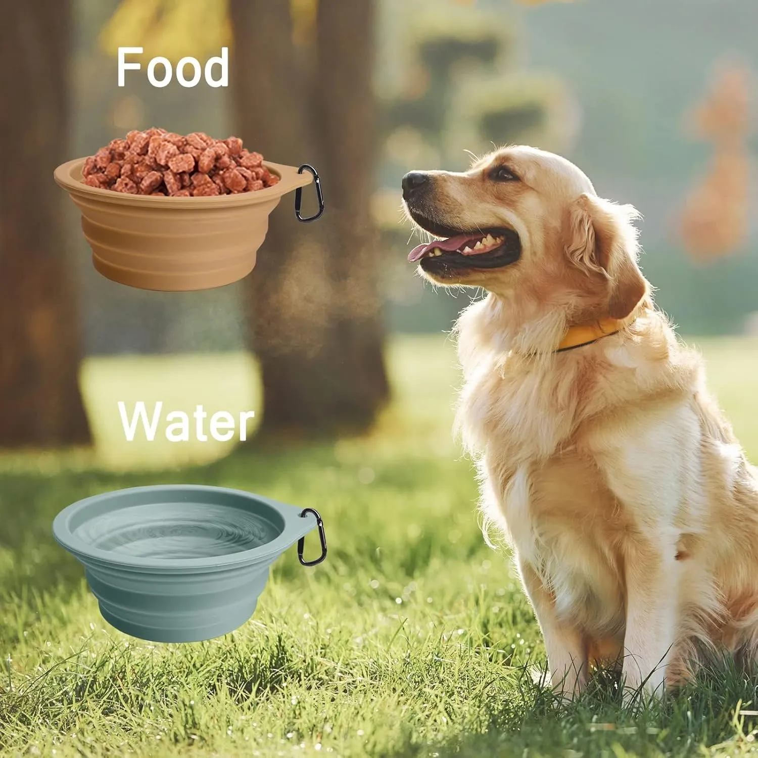 PetBonus 2-Pack Large Silicone Collapsible Dog Bowls, 34oz/1000ml BPA Free Portable Foldable Travel Bowl for Pet Cat, Food Water Feeding Dish for Camping with 2 Carabiners (Turquoise, Tan)