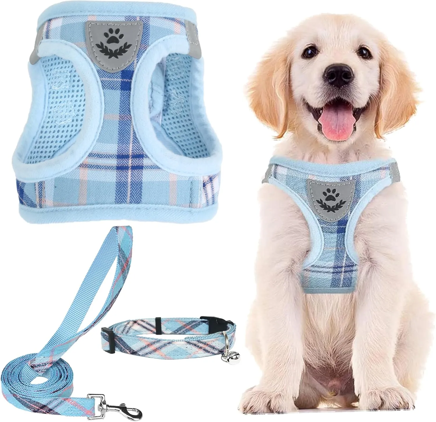 PUPTECK Adjustable Dog Harness Collar and Leash Set Step in No Pull Pet Harness for Small Medium Dogs Puppy and Cats Outdoor Walking Running, Soft Mesh Padded Reflective Vest Harnesses, Blue S