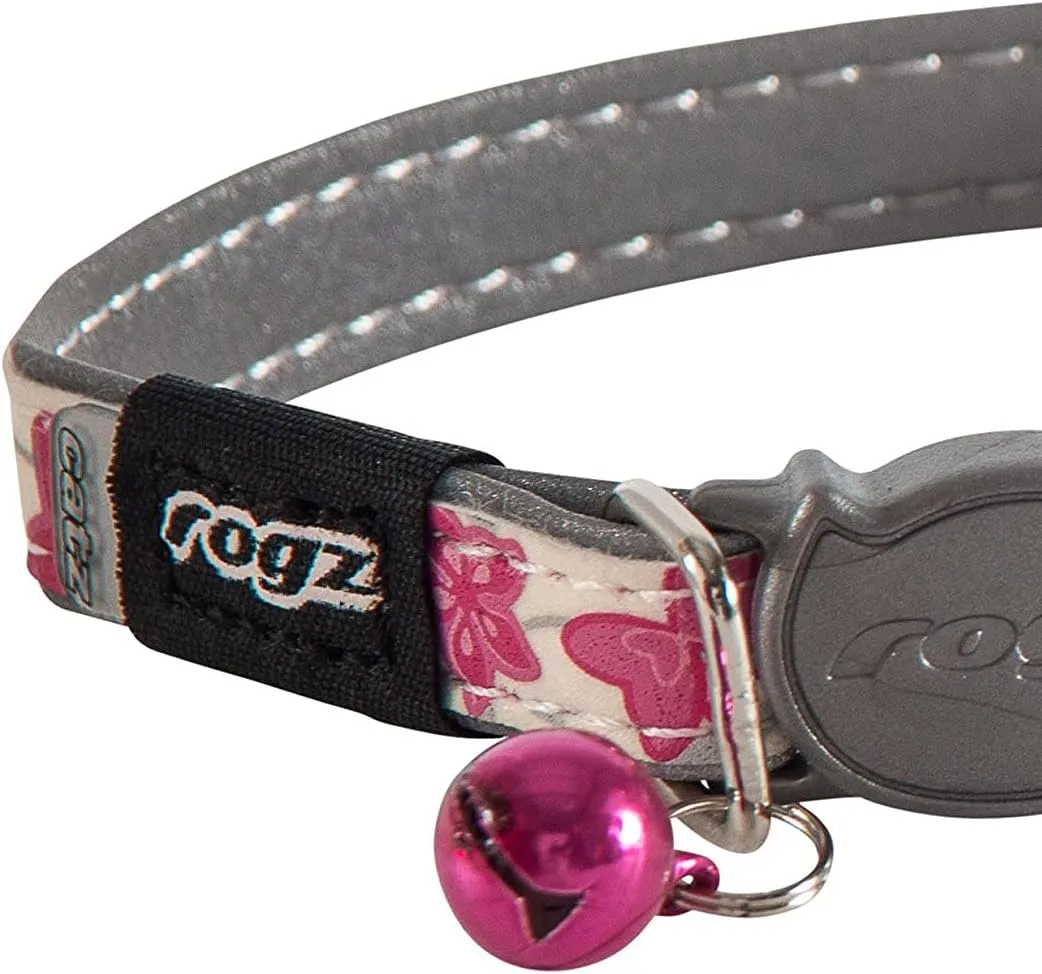 ROGZ CB09-K Glow in the Dark Reflective Cat Collar with Breakaway Clip and Removable Bell, fully adjustable to fit most breeds, Pink Butterfly Design