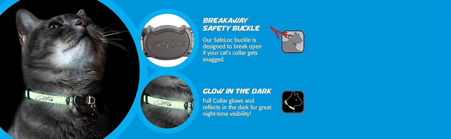 Rogz Glow in the Dark Reflective Cat Collar with Breakaway Clip and Removable Bell, fully adjustable to fit most breeds, Blue Floral Cat Design