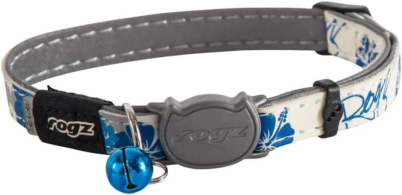 Rogz Glow in the Dark Reflective Cat Collar with Breakaway Clip and Removable Bell, fully adjustable to fit most breeds, Blue Floral Cat Design
