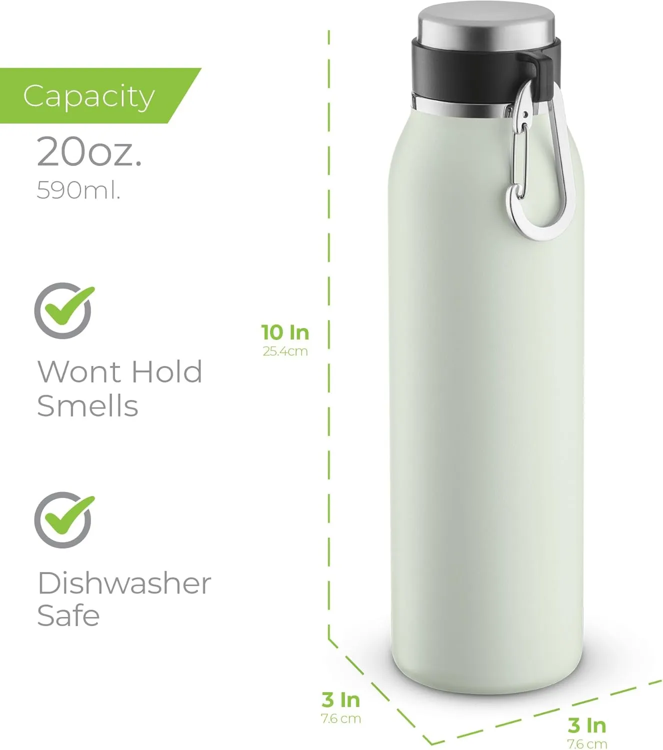 SipX Triple-Insulated Stainless Steel Water Bottle - 20oz. With Cover Lid, BPA-Free Reusable Insulated Water Bottle Keeps Cold For 24 Hours, (Green)