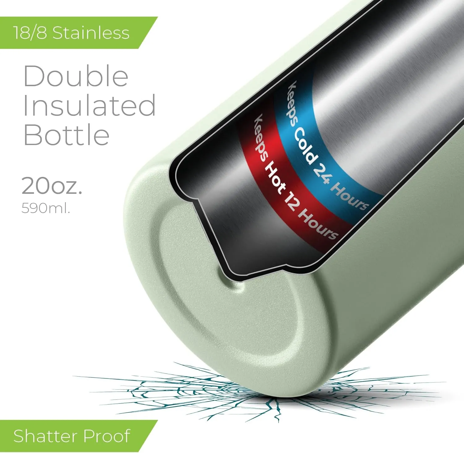 SipX Triple-Insulated Stainless Steel Water Bottle - 20oz. With Cover Lid, BPA-Free Reusable Insulated Water Bottle Keeps Cold For 24 Hours, (Green)