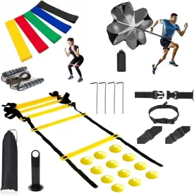 Speed Training Equipment Set, 12 rungs Agility Ladder, 12 Soccer Cones, Jump Rope, Running Parachute, Resistance Bands, Basketball Football Soccer Training Equipment for Kids Youth Adults.