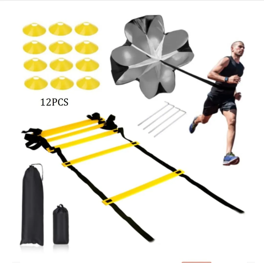 Speed Training Equipment Set, 12 rungs Agility Ladder, 12 Soccer Cones, Jump Rope, Running Parachute, Resistance Bands, Basketball Football Soccer Training Equipment for Kids Youth Adults.