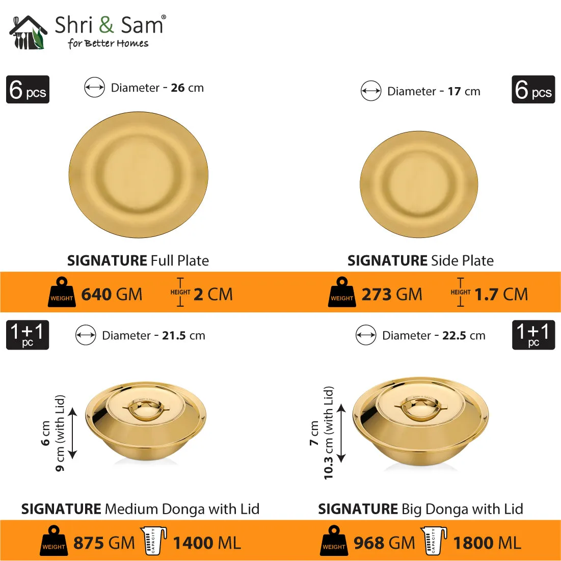 Stainless Steel 64 PCS Dinner Set (6 People) with Gold PVD Coating Signature - Shiny