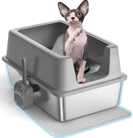 Stainless Steel Cat Litter Box with Lid, XXL Semi-Enclosed Litter Box for Big Kitty, Metal Extra Large Box High Sided, Non-Stick & Anti-Urine Leakage with Cat Mat and Scoop
