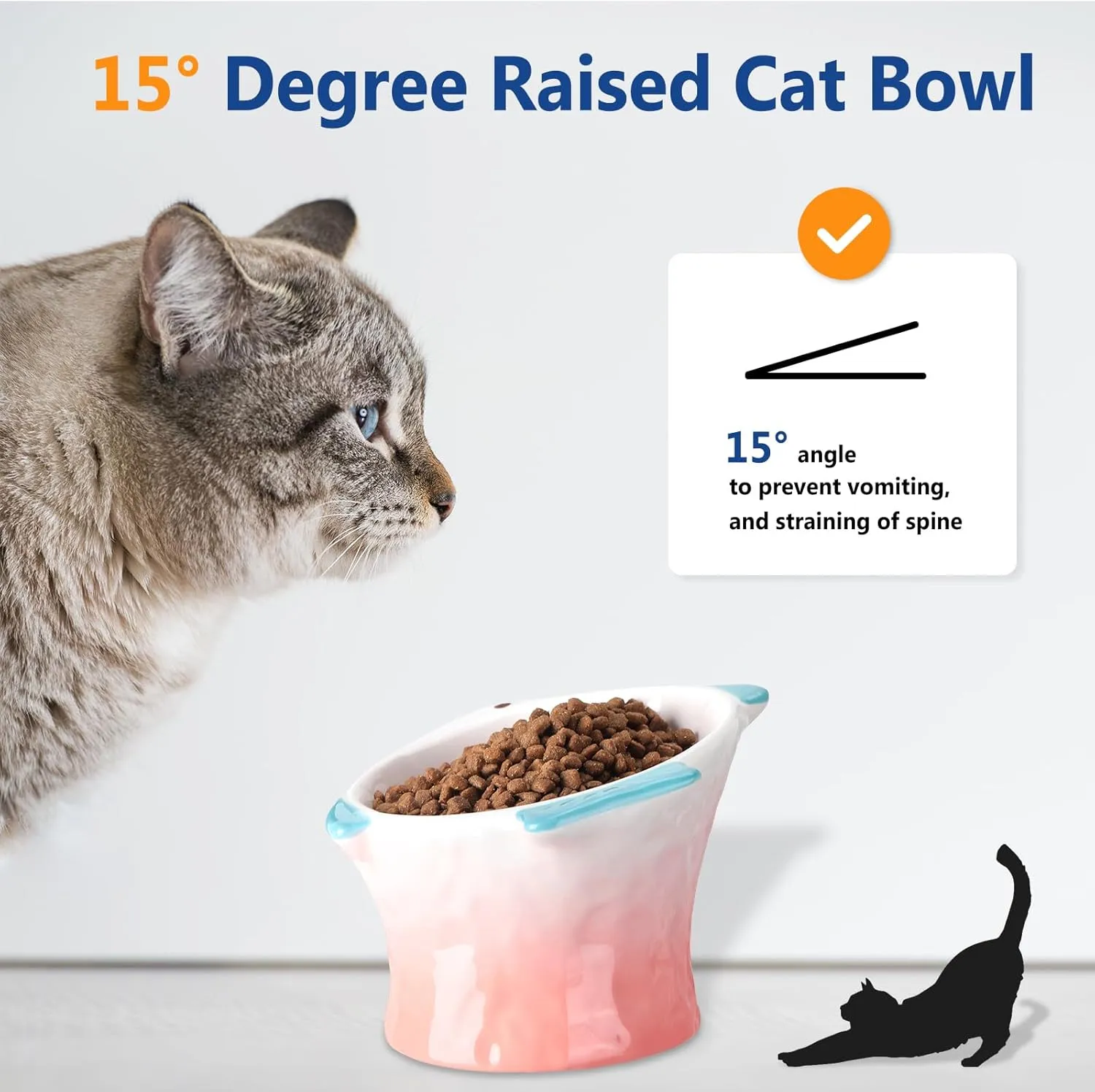 Tioncy 2 Pcs Raised Tilted Ceramic Cat Food Bowl Fish Shape Cute Elevated Slanted Shallow Angled Cat Dish Non Slip Feeder Bowl for Anti-Vomiting and Whisker Fatigue(Blue, Pink)