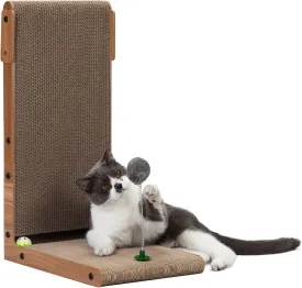 Vertical Cat Scratcher L-Shaped Cat Scratching Board, Scratching Pad Play with Bell Ball and Spring Inserted Toy, Cardboard Lounge Bed for Indoor Cat, Walnut, 23.2"
