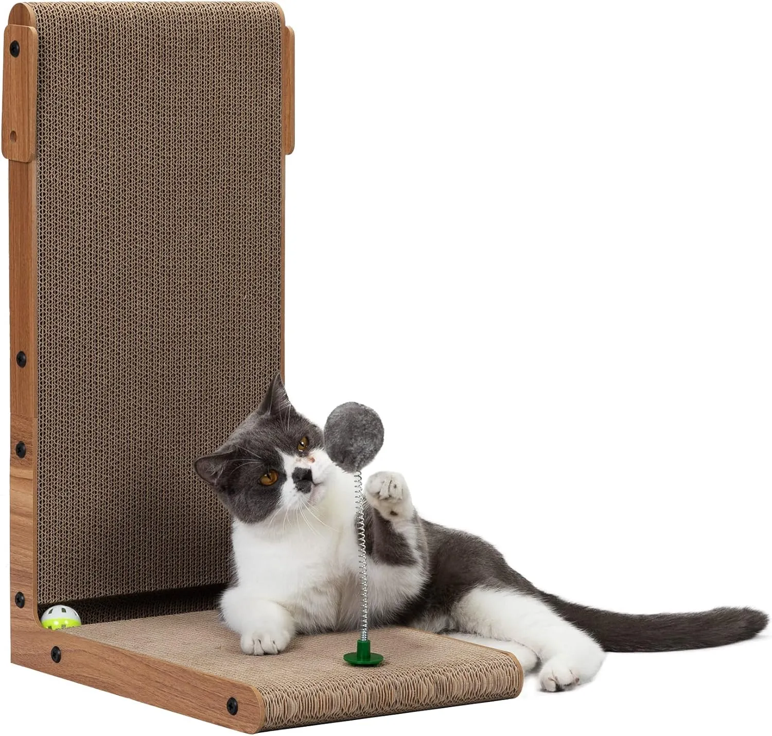 Vertical Cat Scratcher L-Shaped Cat Scratching Board, Scratching Pad Play with Bell Ball and Spring Inserted Toy, Cardboard Lounge Bed for Indoor Cat, Walnut, 23.2"