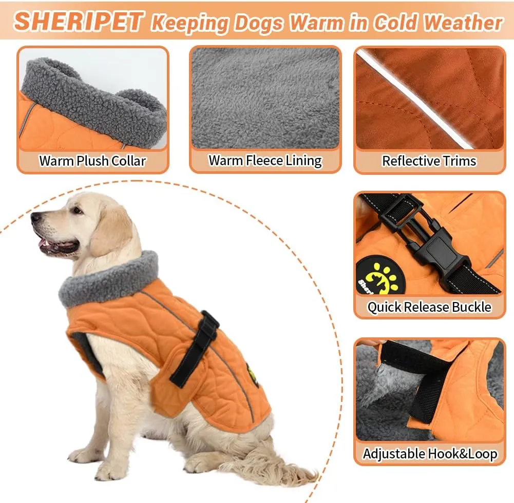 Winter Dog Coats - Fleece Dog Jacket for Sizes S, M, L with Nylon Buckle - Orange with Reflective Safety Features